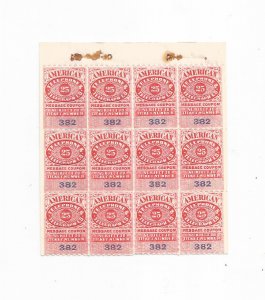 1906 AMERICAN TELEPHONE & TELEGRAPH 25 CENT MESSAGE COUPON, BLOCK OF 12