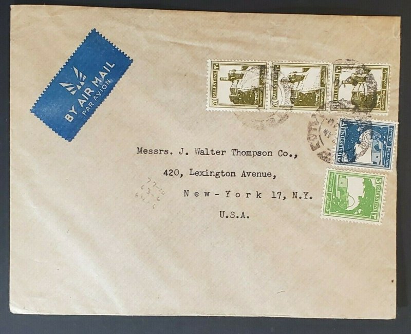 1943 Palestine to New York USA Multi Franking Davar Advertising Air Mail Cover