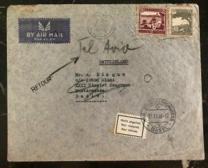 1946 Tel Aviv Palestine Airmail Cover To Zionist Congress Basel Switzerland