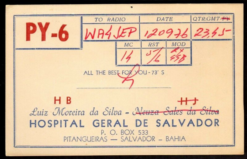 QSL Radio Card Hospital Geral De Salvador,PY-6,Luiz,Army Hospital, (Q3396)