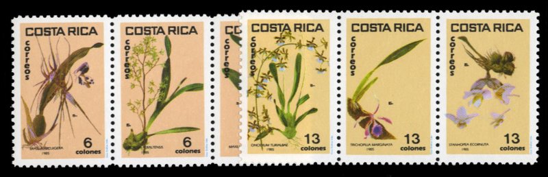 Costa Rica #334a,337a Cat$50, 1985 Orchids, set of two se tenant strips of th...