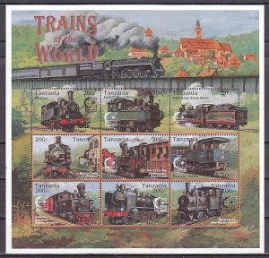 Tanzania, Scott cat. 1338 a-i. Various Trains, sheet of 9.