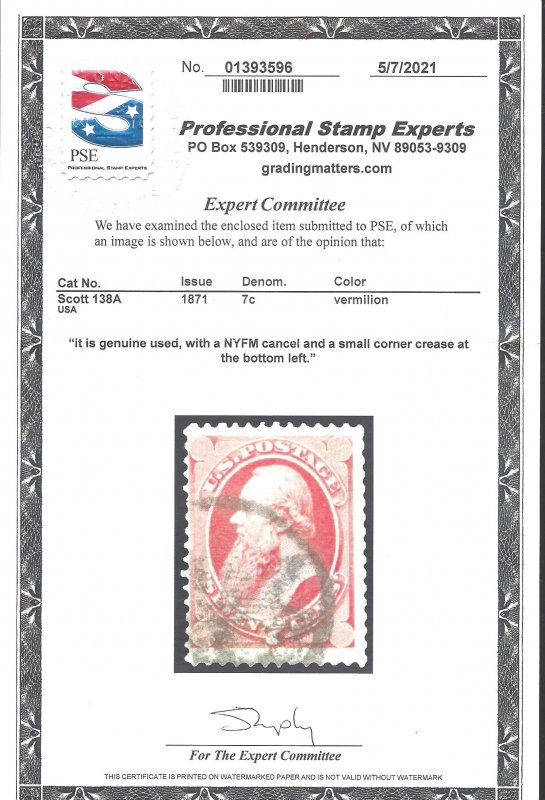 138A Used... PSE Certificate... SCV $800.00... New York Foreign Mail cancel