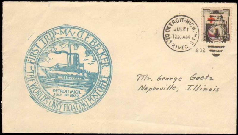 1932 DETROIT MICHIGAN DETROIT RIVER STATION + FIRST TRIP CACHET ONLY FLOATING