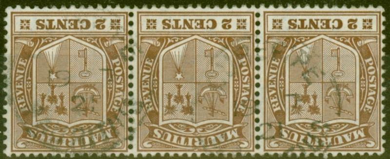 Mauritius 1910 2c Brown SG182w Wmk Inverted Fine Used Strip of 3 Scarce Multiple