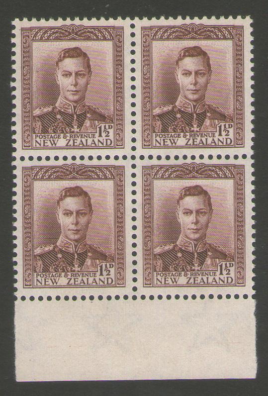 New Zealand 1938 KGVI 1?d Block of 4 SG 607 MNH