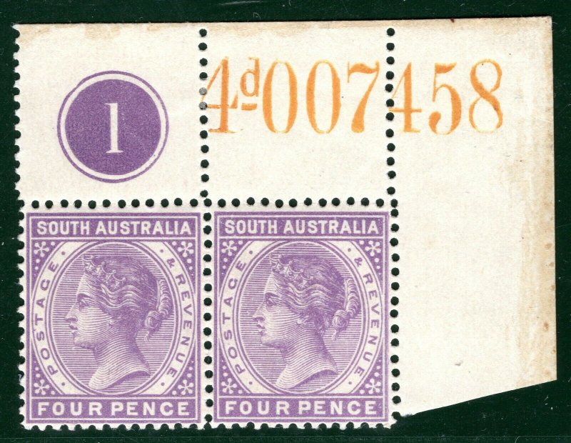 SOUTH AUSTRALIA QV SG193 4d Violet (1896) PLATE *1* CORNER PAIR Mint MNH BRBLUE1