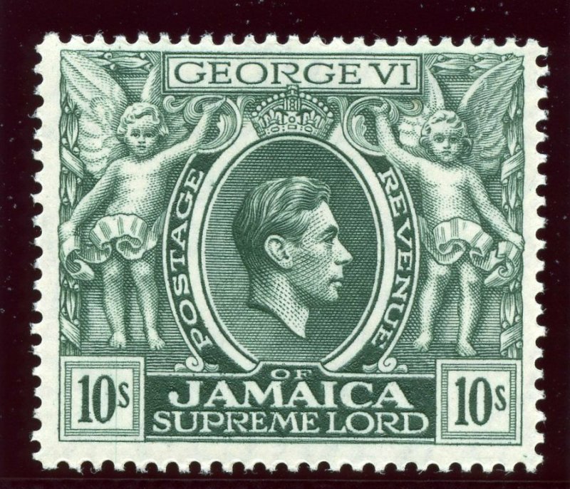 Jamaica 1938 KGVI 10s myrtle-green (p14) MLH. SG 133. Sc 128.