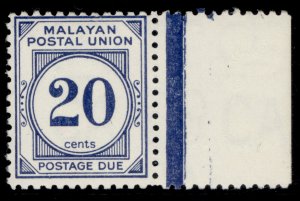 MALAYSIA - Malayan Postal Union QEII SG D28a, 20c deep blue, NH MINT. Cat £10.