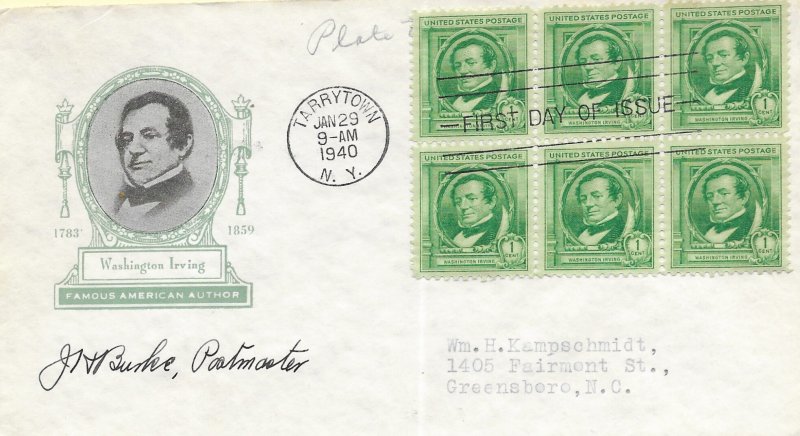 1940 FDC, #859, 1c Washington Irving, Ioor, block of 6