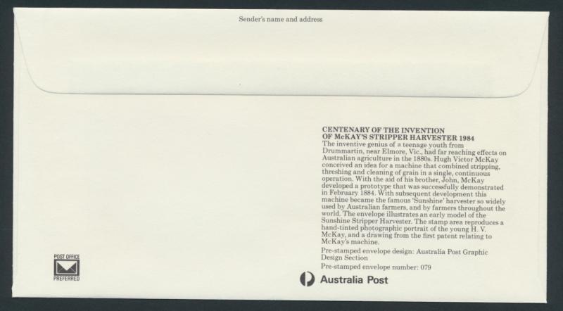 Australia PrePaid Envelope 1984 Invention of the H V McKay Stripper Harvester