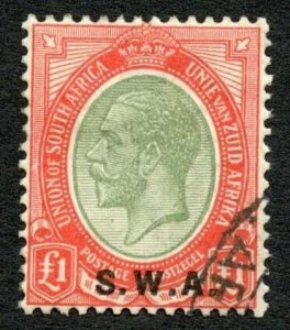 South West Africa 1923-6 SG57 1 pound pale olive-green and red VFU cat 170 poun