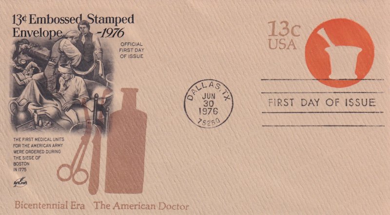 1976, 13c Embossed Stamped Envelope, Art craft, FDC (E12714)