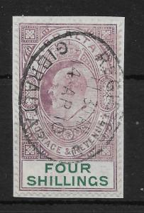 GIBRALTAR SG63 1908 4/= DEEP PURPLE & GREEN USED ON PIECE