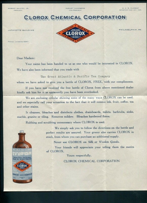 Circa 1930's Clorox Bleach Cover with Enclosures - Philadelphia, Pennsylvania