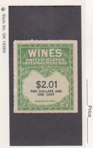 Scott  RE # 199 Mint No Gum as issued $2.01 WINES REVENUE STAMP 