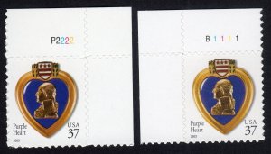 Scott #3784 & 3784A Purple Heart Veterans Plate # Single Stamps - MNH