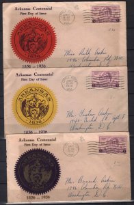 USA STAMPS. 1936 3 FD COVERS ARKANSAS CENTENNIAL