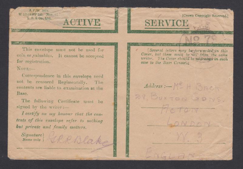 Great Britain, 1919 Stampless Active Service mail, Field Post Office No. 79