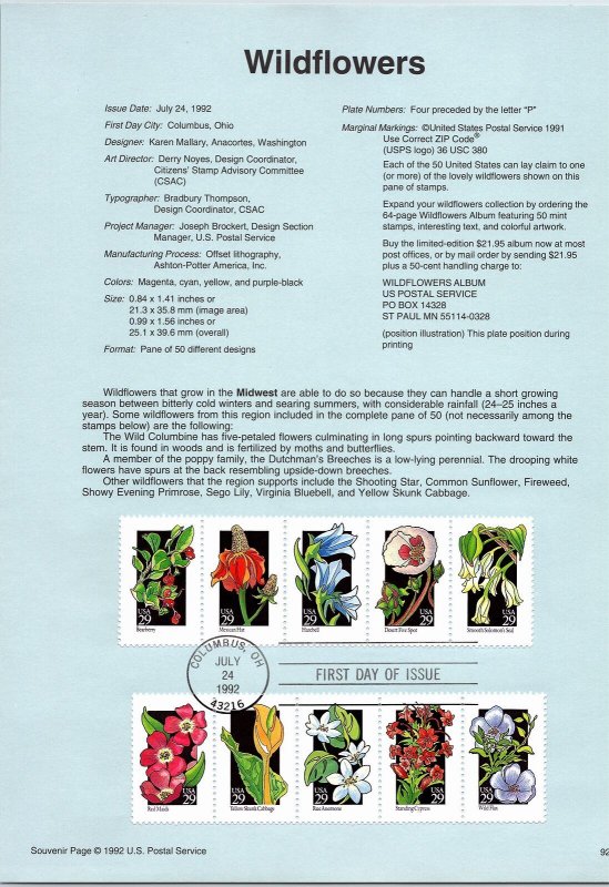 USPS SOUVENIR PAGE WILDFLOWER SERIES (2) STRIPS OF (5) 1992 TYPE C