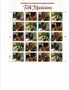 Folk Musicians 32c US Postage Sheet #3212-15 VF MNH