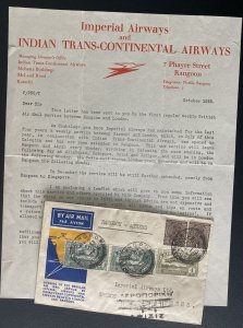 1933 Rangoon India First Flight Airmail Cover To Athens Greece With Letter
