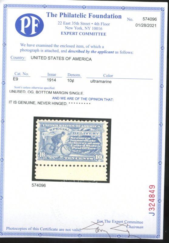 U.S. #E9 MINT WITH PF CERT OG NH