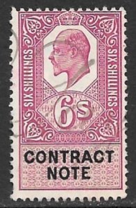 GREAT BRITAIN 1902 KEDVII 6sh CONTRACT NOTE Revenue Bft.13 VFU