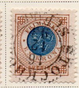 Sweden Sc 49 1886 1 kr bistre & blue numeral with posthorn on back stamp used