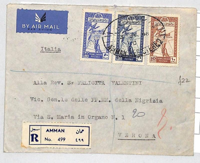 J19 1946 TRANSJORDAN *Amman* Registered Air Mail Italy Via Greece Superb Cover