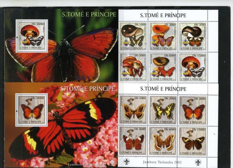 ST.THOMAS & PRINCE 2003 BUTTERFLIES & MUSHROOMS 2 SHEETS 6 STAMPS & 2 S/S MNH 