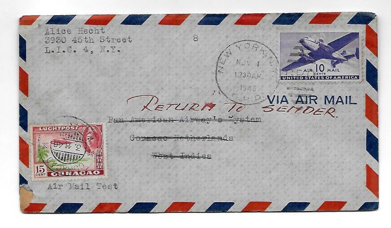 CF38 Air Mail Test Pan Am World Air 1946 Curacao from N.Y. C27 Multi Cancels