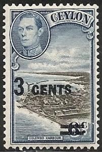 Ceylon 291 Mint OG 1941 3c on 6c KGVI Defin.Surcharge