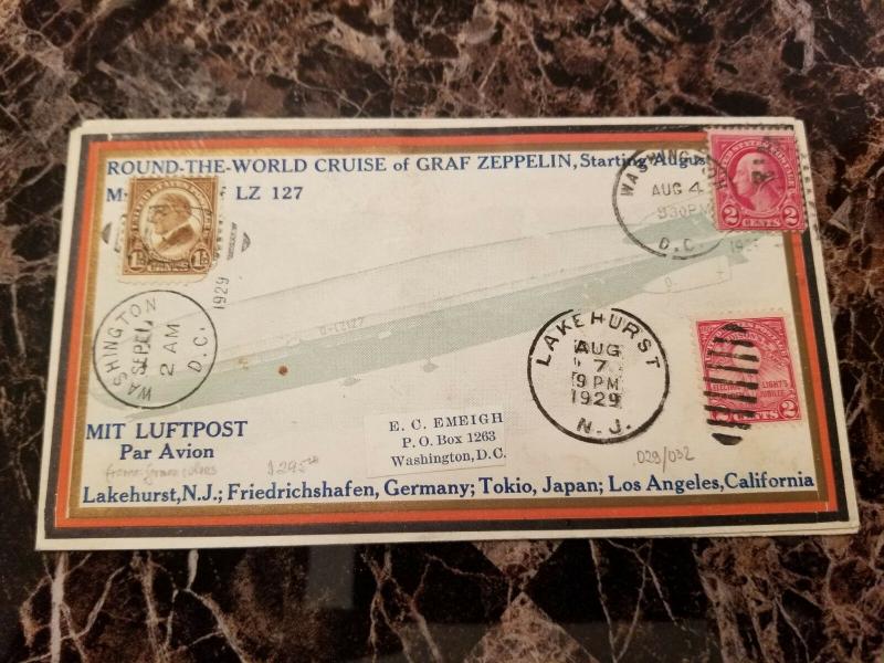 1929 Lakehurst USA Graf Zeppelin Illustrated cover to Washington DC Round World