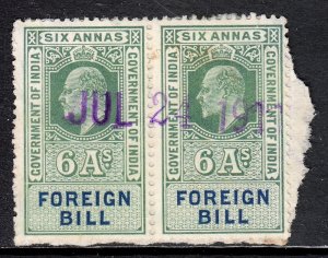 India - 6a Foreign Bill Revenue - Pair on paper - Barefoot 2012 #36 - CV £3.00