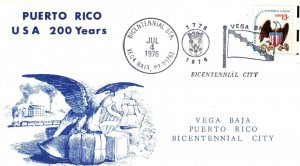 PUERTO RICO U S A 200 YEARS BICENTENNIAL CACHET AND CANCEL VEGA CITY JULY 4 1976