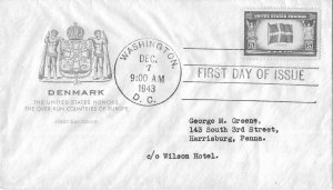 1943 FDC, #920, 5c Overrun Country - Denmark, House of Farnam