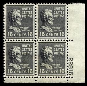 US #821 PLATE BLOCK, VF/XF mint hinged, 16c Lincoln, very fresh color, SUPER ...