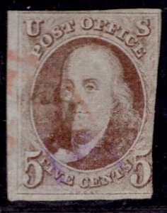 US Stamp #1 Red Brown USED SCV $350