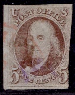 US Stamp #1 Red Brown USED SCV $350