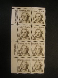 Scott 1851, 8c Henry Knox, Zip & Copy block of 8 UL, MNH Great Americans