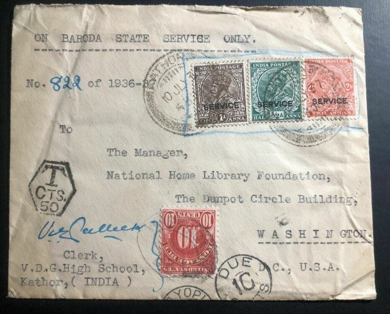 1937 Kathor India Postage Due Cover To National Library Washington Dc USA