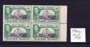 FALKLAND ISLANDS 1937/52 values, Blocks of fours verified and Unmounted.