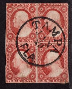 $US SC#11a used Rare block, Tampa, FL CDS, vertical crease+tear+sm crease 