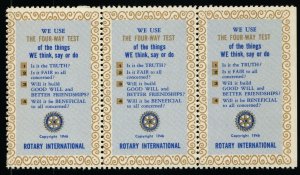 Rotary Club 4-Way Test Motto stamp - Strip of 3 - MNH - 1946