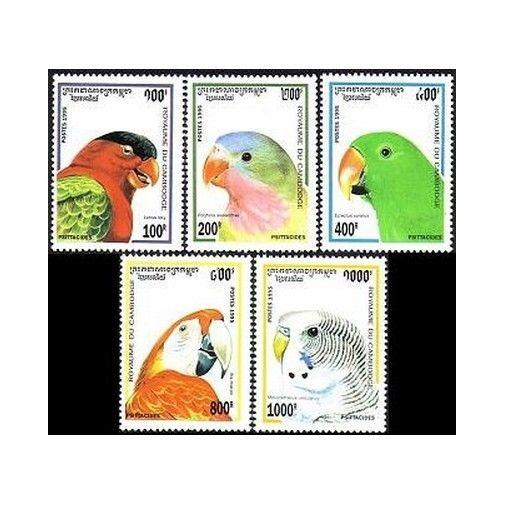 Cambodia 1437-1441,1442,MNH.Michel 1514-1518,1519 Bl.213 Parrots 1995.