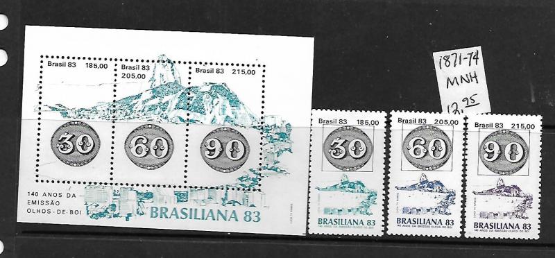 BRAZIL, 1871-1874, MNH, 3 STAMPS & SS OF 3, GUANABARA BAY