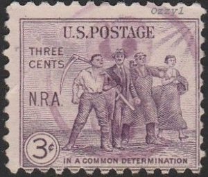 USA #732 1933 3c Violet Group of Workers N.R.A. USED-Average-NH.