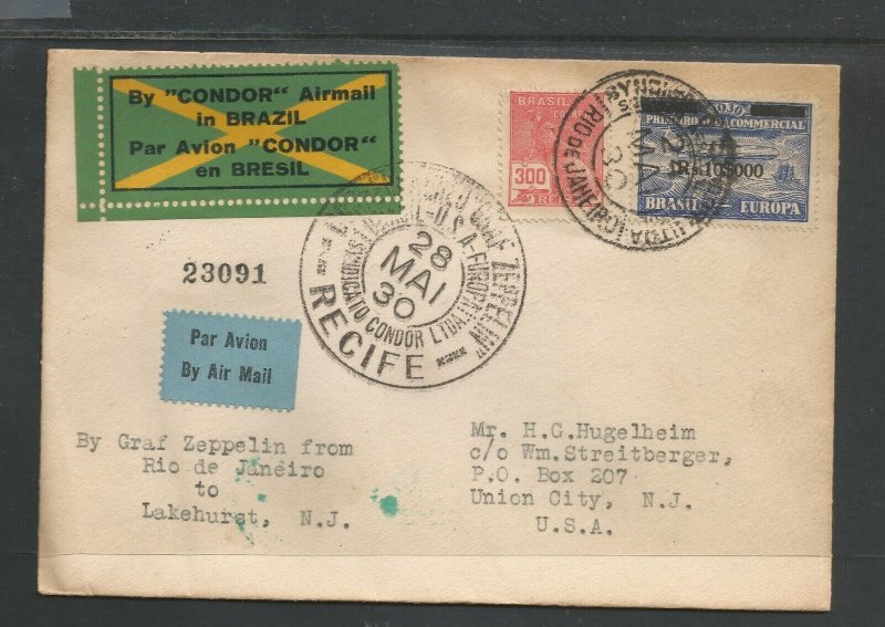 Brazil # 4CL5 on 1930 Zepp. cover. Rio de Janeiro to Lakehurst. CV $ 400.00