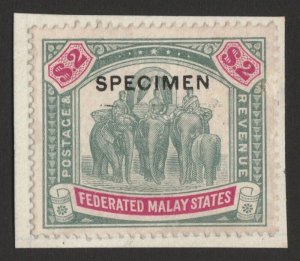 FEDERATED MALAY STATES 1904 Elephants $2, wmk mult crown, SPECIMEN. Unique!